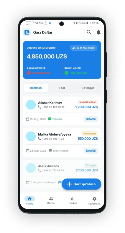 QarzDaftar ilova ko'rinishi